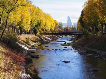 Bridge over river against sky during autumn