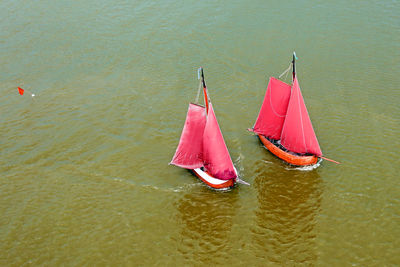Aerial top shot from traditional dutch wooden boats at the ijsselmeer  in friesland the netherlands