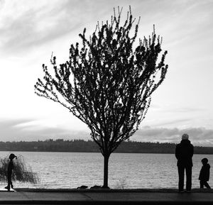 Rear view of people standing by lake against sky