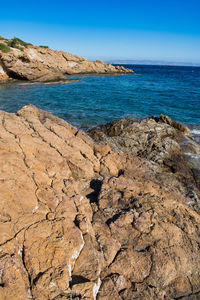 Scenic view of beach against clear blue sky