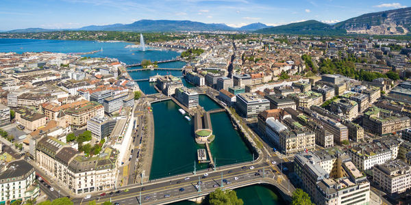 High angle view of buildings in city