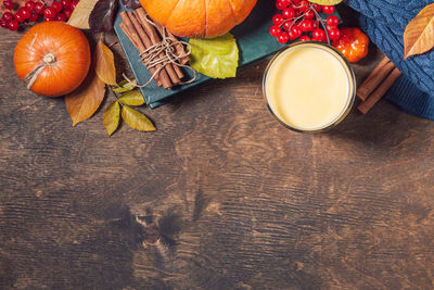 High angle view of pumpkins on table