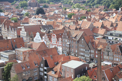 High angle view of houses in town