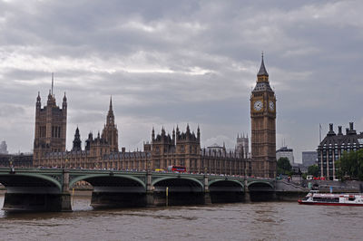 Bridge over river with buildings in background