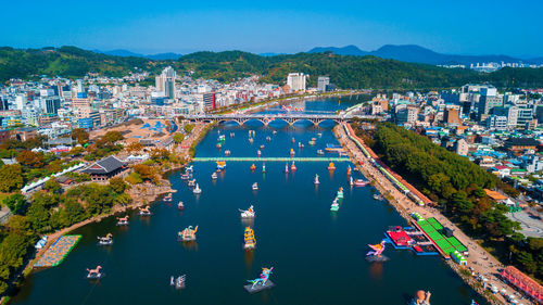 High angle view of buildings in city