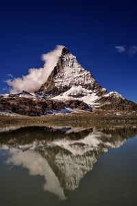 Scenic view of lake and snowcapped mountains against sky