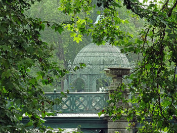 Trees and plants in formal garden by building