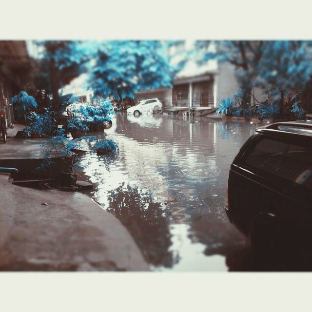 mode of transport, water, transportation, transfer print, focus on foreground, car, nautical vessel, reflection, auto post production filter, boat, selective focus, land vehicle, close-up, building exterior, moored, day, tree, outdoors, no people, built structure