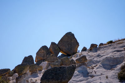 Low angle view of rock formation against clear blue sky