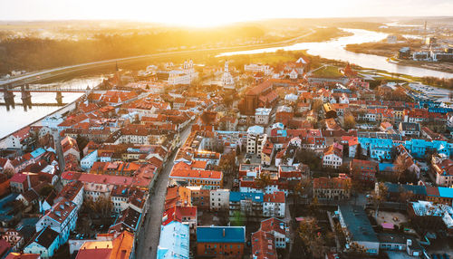 Aerial view of townscape during sunset