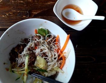 High angle view of meal served on table