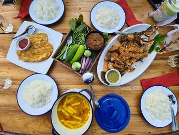 High angle view of meal served on table,thailand, thai food, sea food, south of thailand