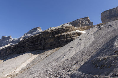 Low angle view of mountain against clear blue sky