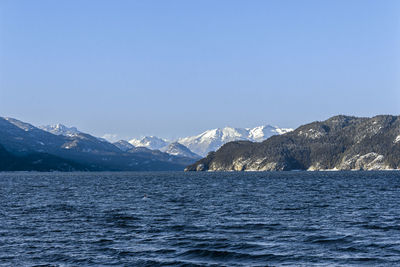 Scenic view of sea and snowcapped mountains against clear blue sky