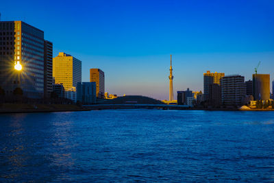 Buildings by river against clear blue sky