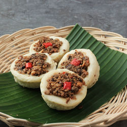 Selected focus kue talam oncom, traditional steamed cup cake from indonesia 