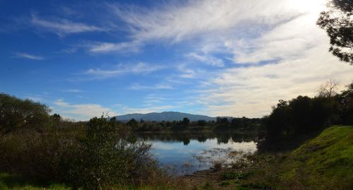 Scenic view of lake against cloudy sky