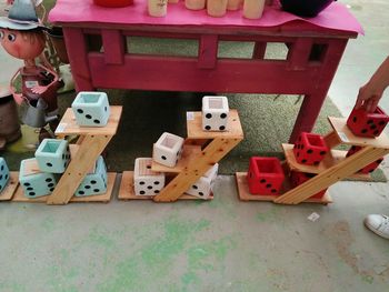 High angle view of toys on table