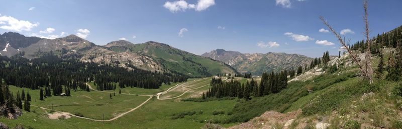 Panoramic view of landscape and mountains against sky