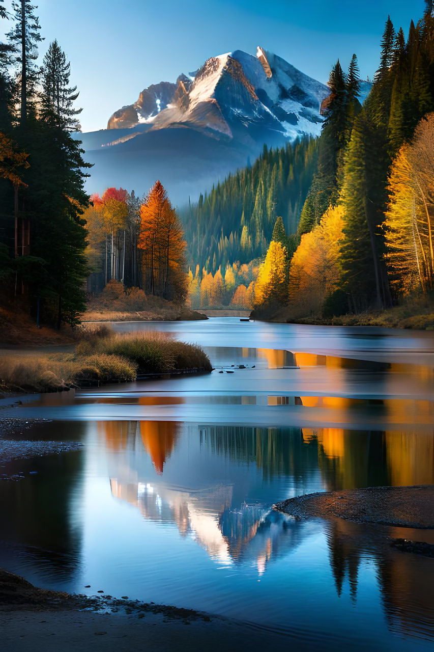 reflection, water, scenics - nature, mountain, tree, beauty in nature, nature, landscape, lake, environment, plant, forest, sky, wilderness, land, autumn, morning, mountain range, tranquil scene, tranquility, travel destinations, pine tree, snow, cold temperature, coniferous tree, winter, no people, pine woodland, travel, pinaceae, mountain peak, blue, outdoors, idyllic, woodland, dawn, non-urban scene, snowcapped mountain, twilight, activity, sunrise, tourism, body of water, sun