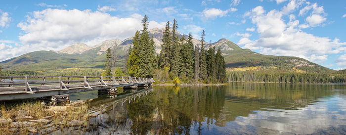 Panoramic view of lake and mountains against sky