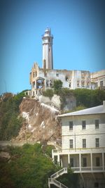 View of lighthouse against clear blue sky