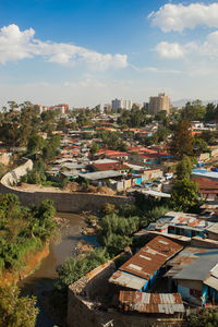 High angle view of townscape against sky