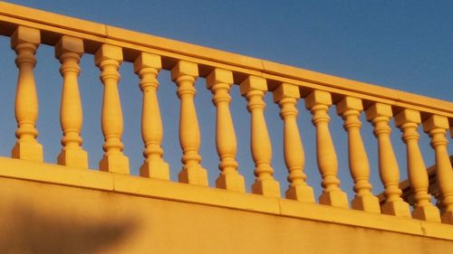 Low angle view of railing against clear sky