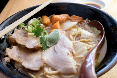 High angle view of food in bowl on table