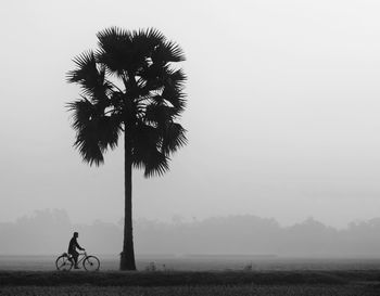 Silhouette man riding bicycle on field against clear sky