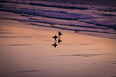 Silhouette surfers with surfboards at beach during sunset