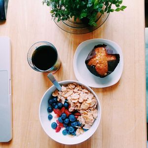 High angle view of breakfast served on table