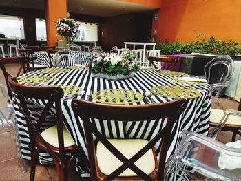 Empty chairs and tables in cafe