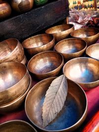 High angle view of empty bowls for sale in market