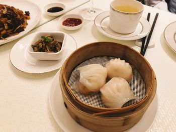 High angle view of breakfast in plate on table