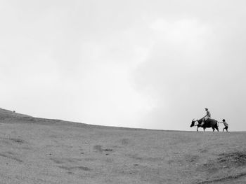 Man riding motorcycle on desert against clear sky