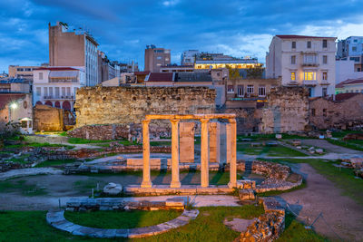 Remains of hadrian's library in the old town of athens, greece.