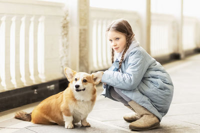 Portrait of a toddler girl in a warm blue coat with a corgi dog in the park. 