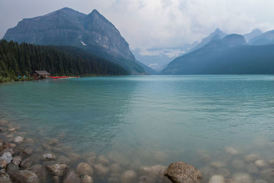 Scenic view of lake and mountains against sky