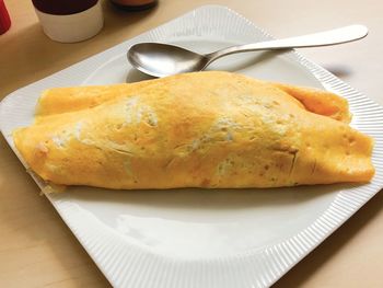 High angle view of bread in plate on table