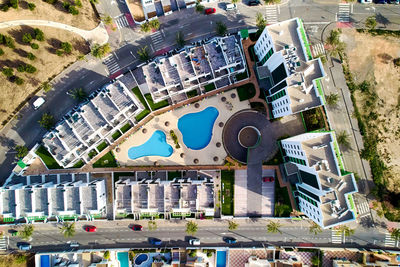 High angle view of buildings in city