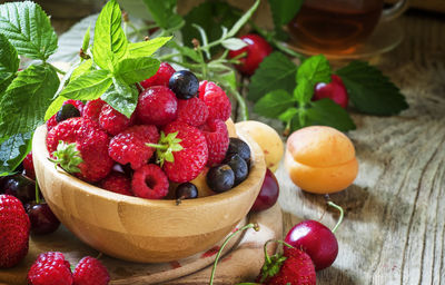 Close-up of strawberries in bowl on table