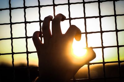 Close-up of silhouette hand against window during sunset