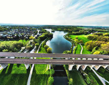 High angle view of bridge over river against sky