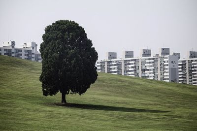 Buildings in city against clear sky