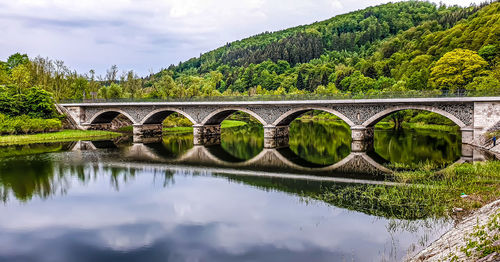 Arch bridge over river against sky