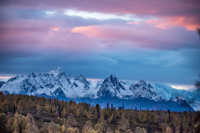 Scenic view of snowcapped mountains against sky during sunset