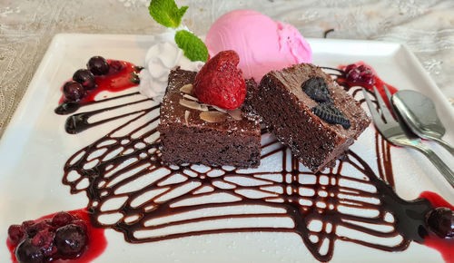 Close-up of chocolate cake in plate