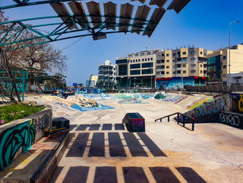 Swimming pool against buildings in city