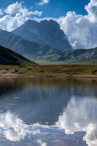 Scenic view of lake and mountains against sky